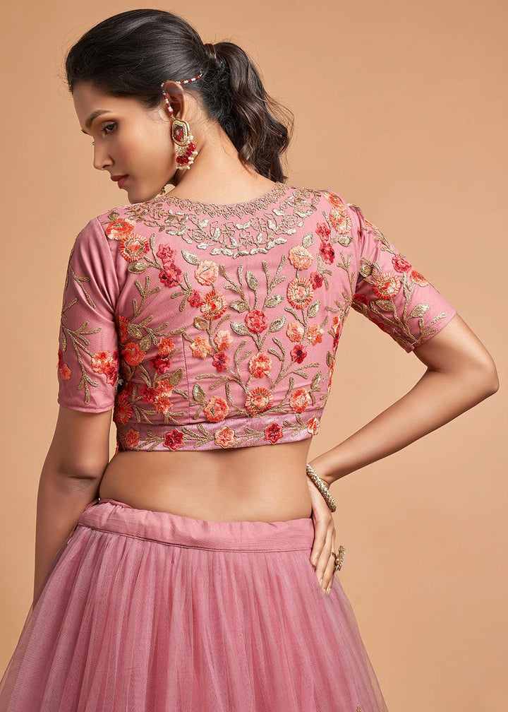 Dusty Pink Designer Soft Net Lehenga Choli with Zari, Dori & Thread Embroidery work - qivii