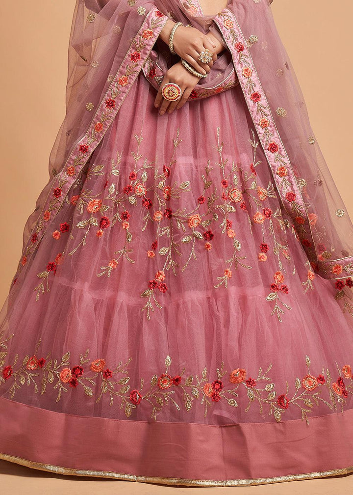 Dusty Pink Designer Soft Net Lehenga Choli with Zari, Dori & Thread Embroidery work - qivii