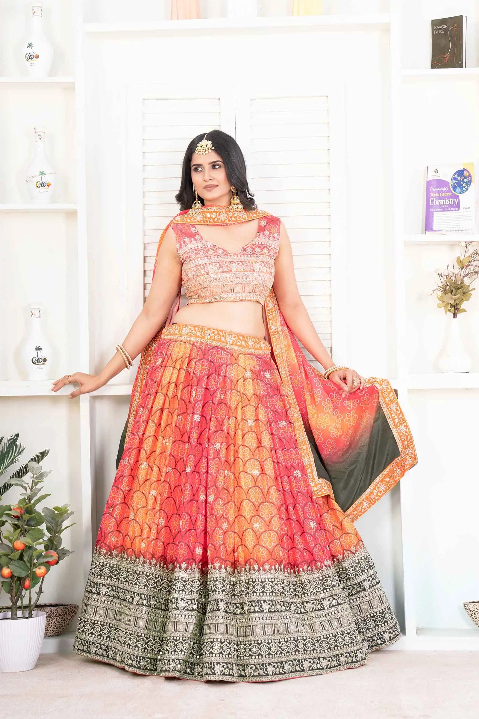 Multi Color Chinon Digital Print Lehenga With Thread Sequins Embroidery Work - qivii