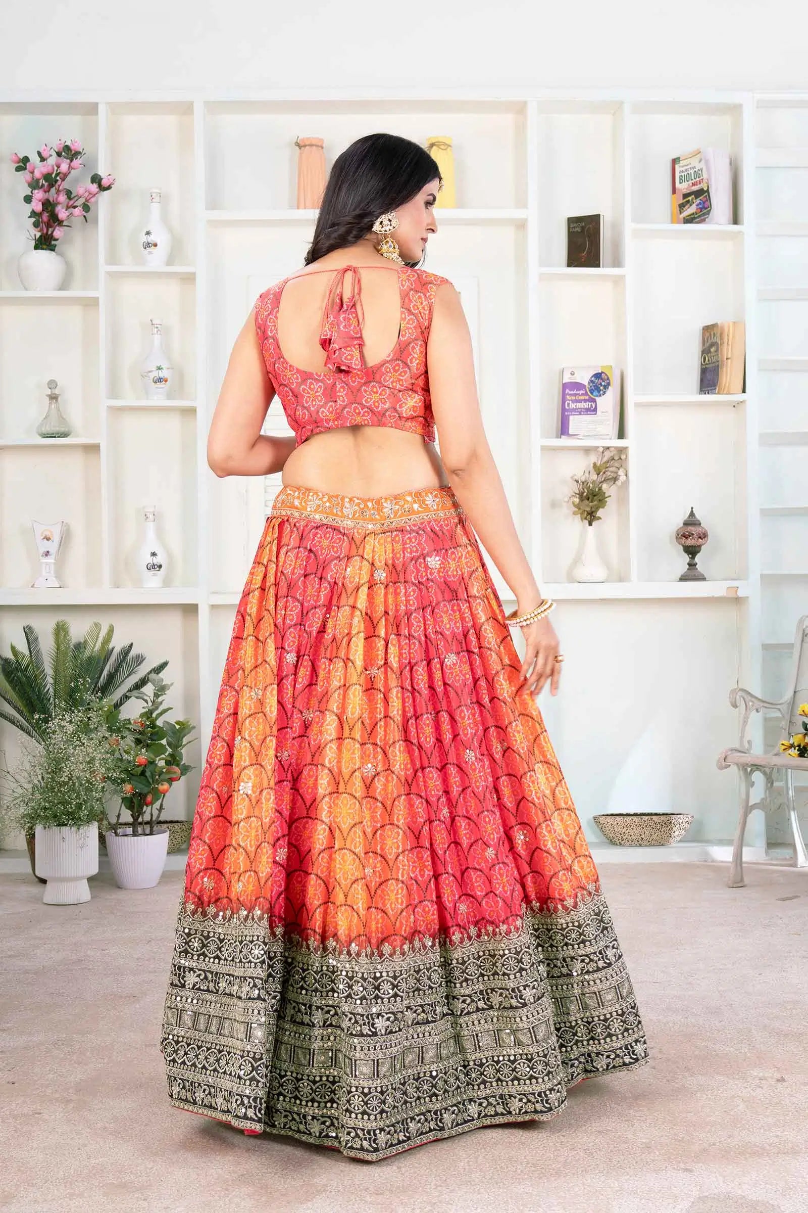 Multi Color Chinon Digital Print Lehenga With Thread Sequins Embroidery Work - qivii