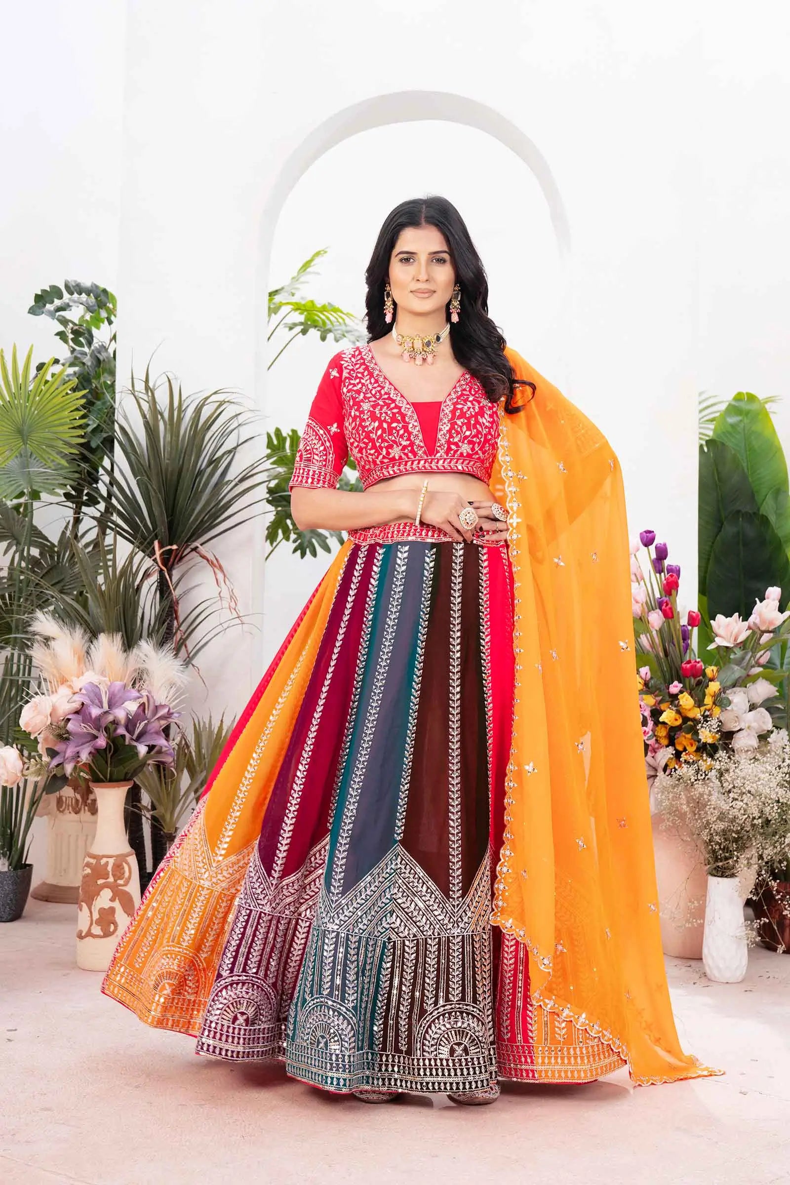 Multi Color Georgette Lehenga With Sequins Embroidery Work And Dupatta - qivii