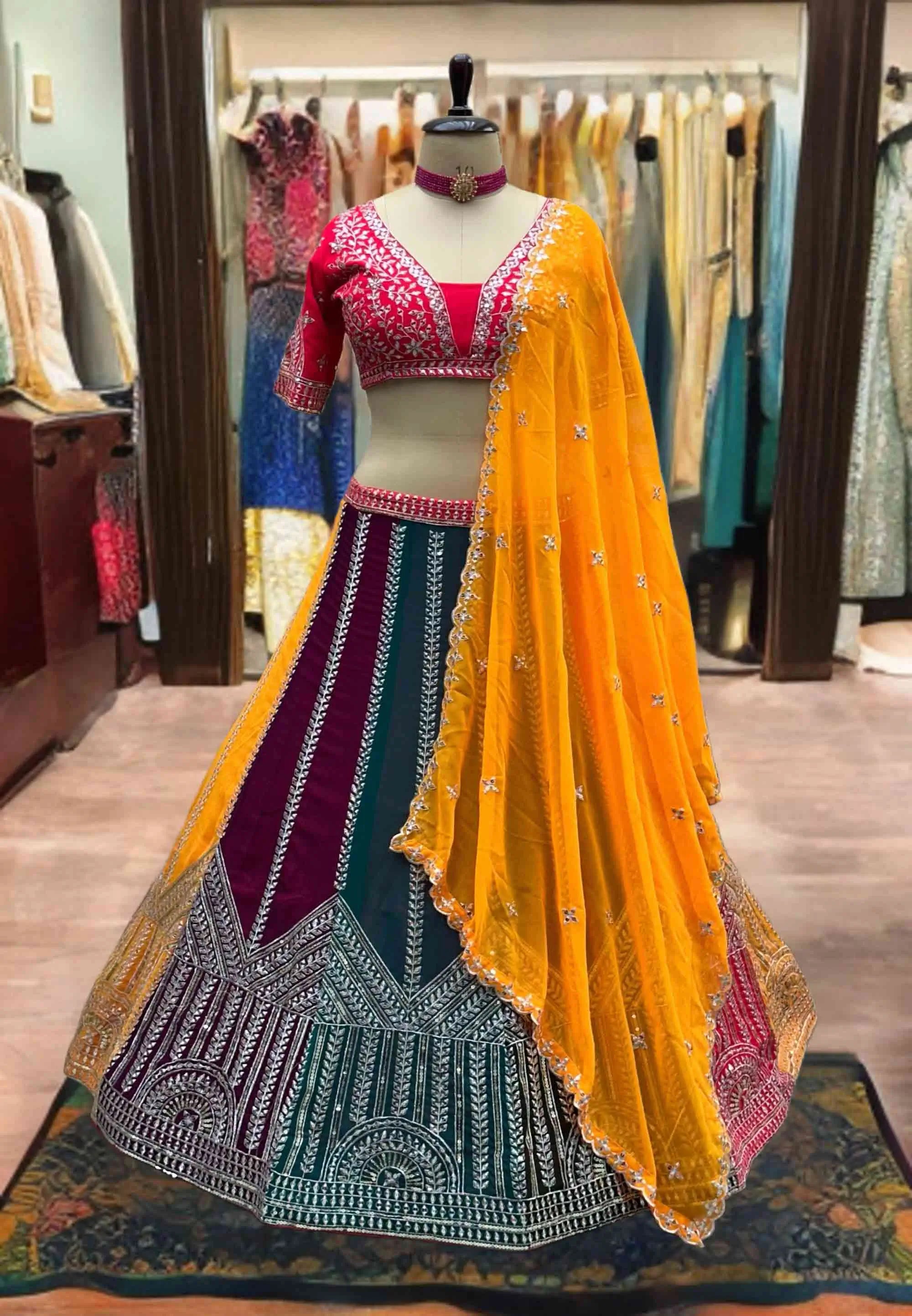 Multi Color Georgette Lehenga With Sequins Embroidery Work And Dupatta - qivii