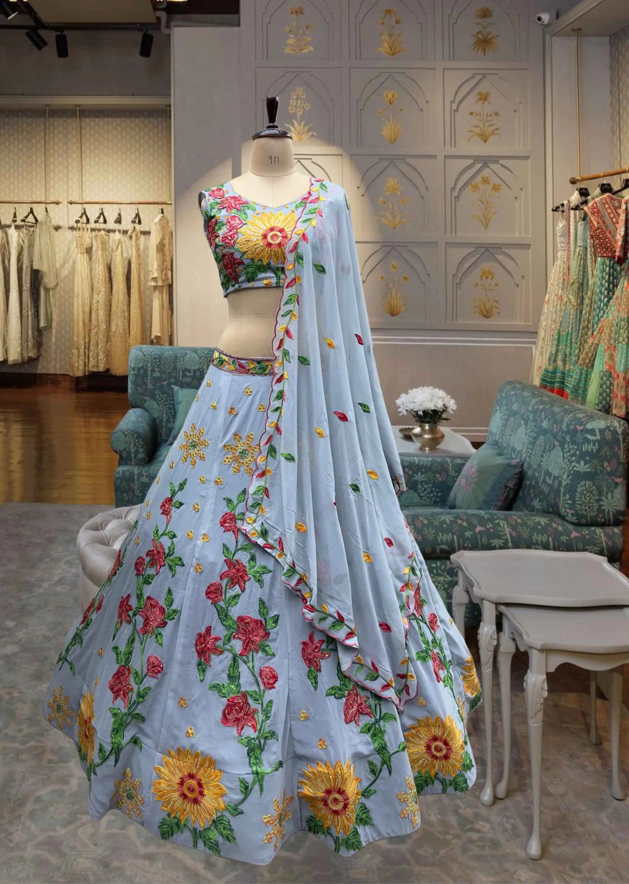 Silver Grey Multi Thread Sequins Embroidery Work Georgette Lehenga - qivii