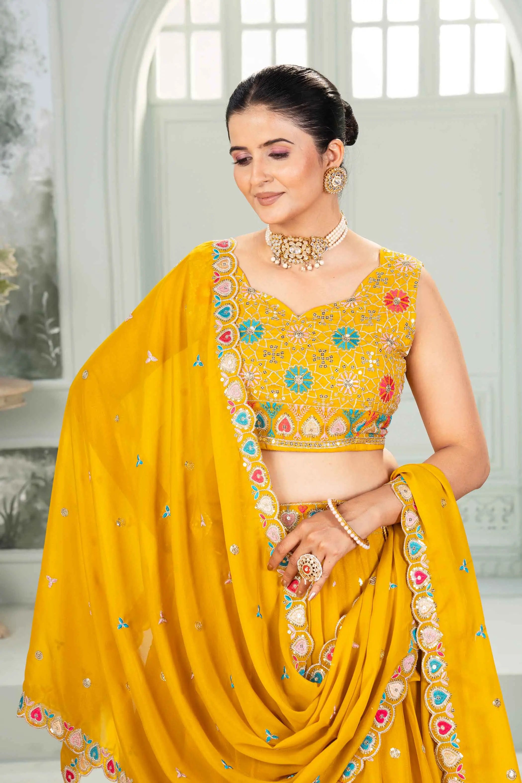 Yellow Star Georgette Sequins Embroidery Work Lehenga Choli - qivii