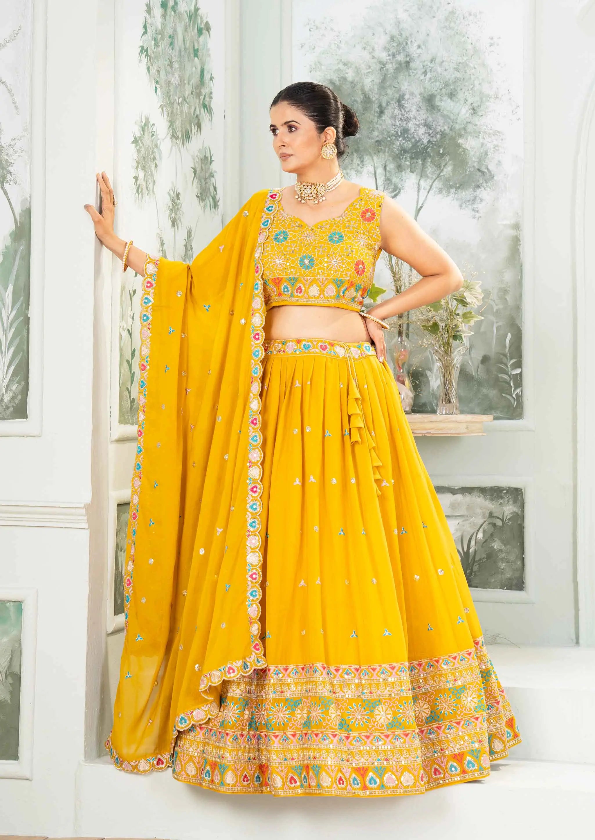 Yellow Star Georgette Sequins Embroidery Work Lehenga Choli - qivii