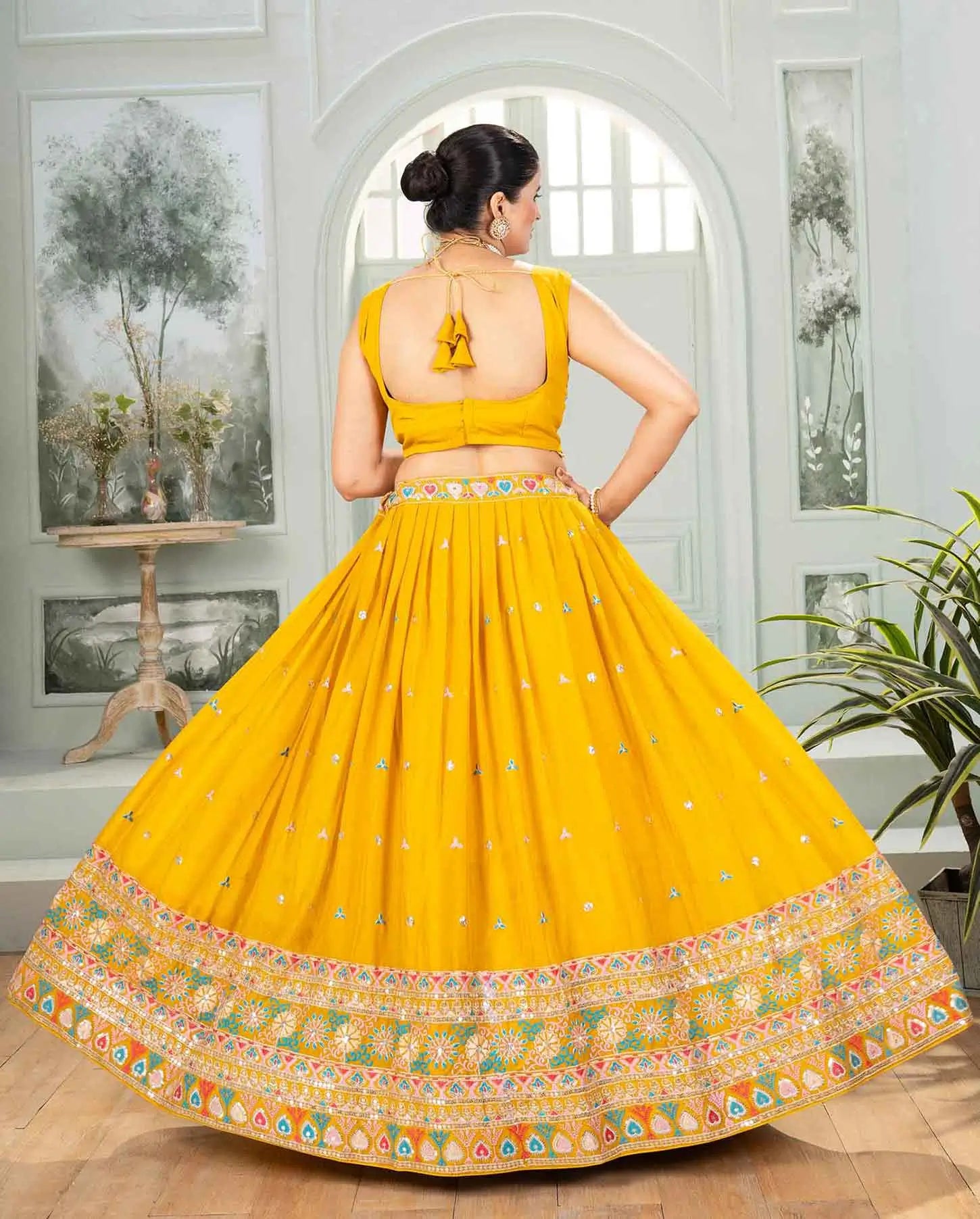 Yellow Star Georgette Sequins Embroidery Work Lehenga Choli - qivii