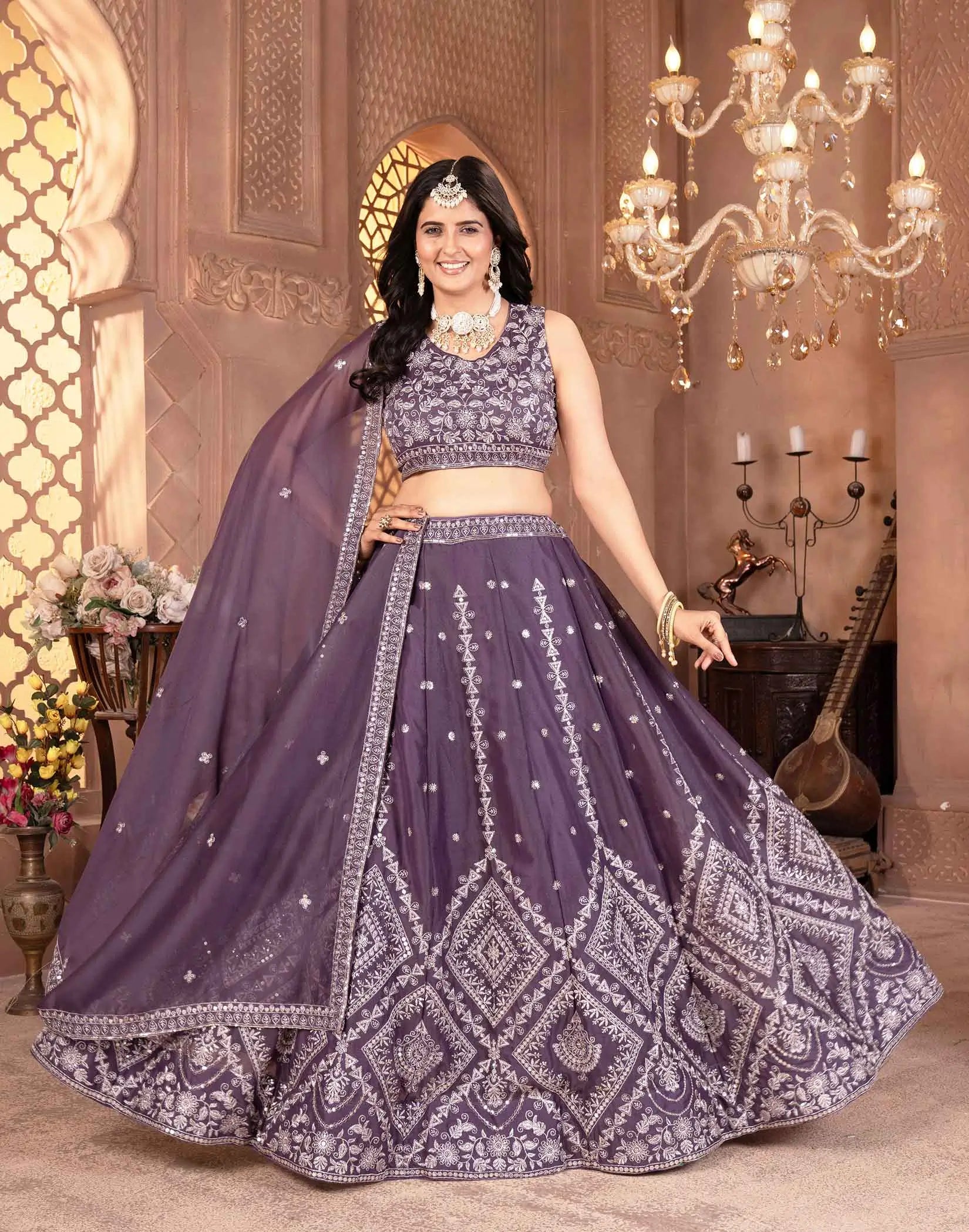 Plum Purple Georgette Sequins Embroidery Work Lehenga Choli - qivii