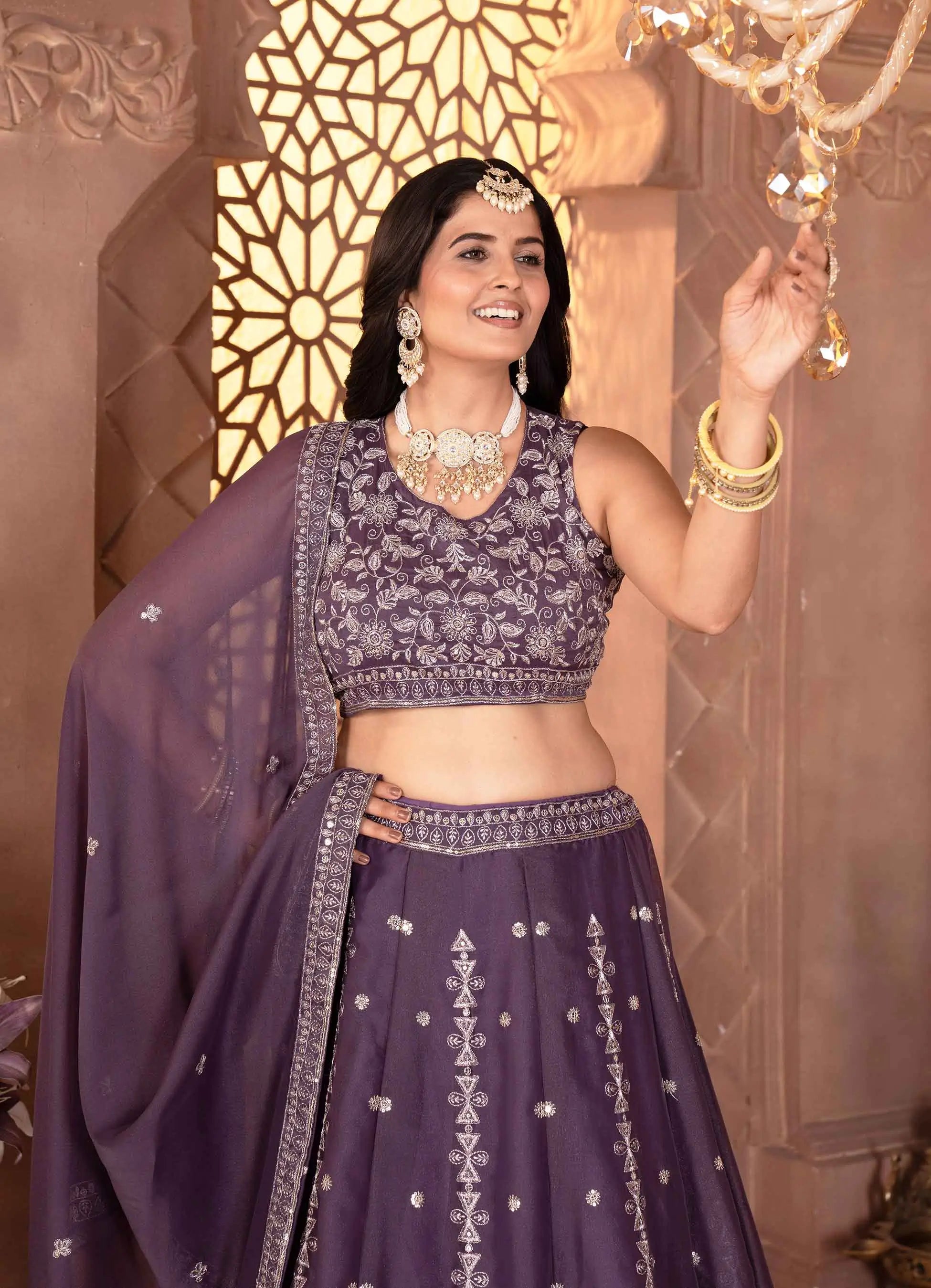 Plum Purple Georgette Sequins Embroidery Work Lehenga Choli - qivii