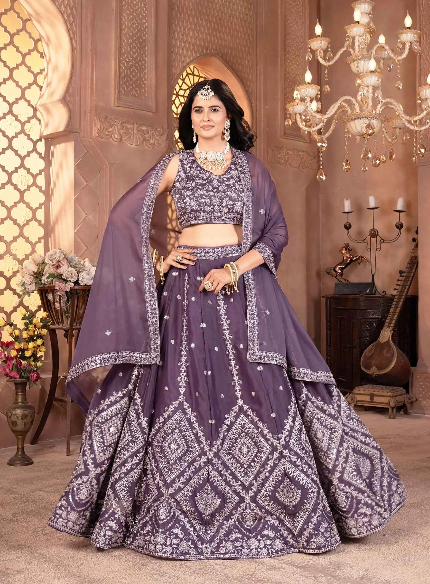 Plum Purple Georgette Sequins Embroidery Work Lehenga Choli - qivii