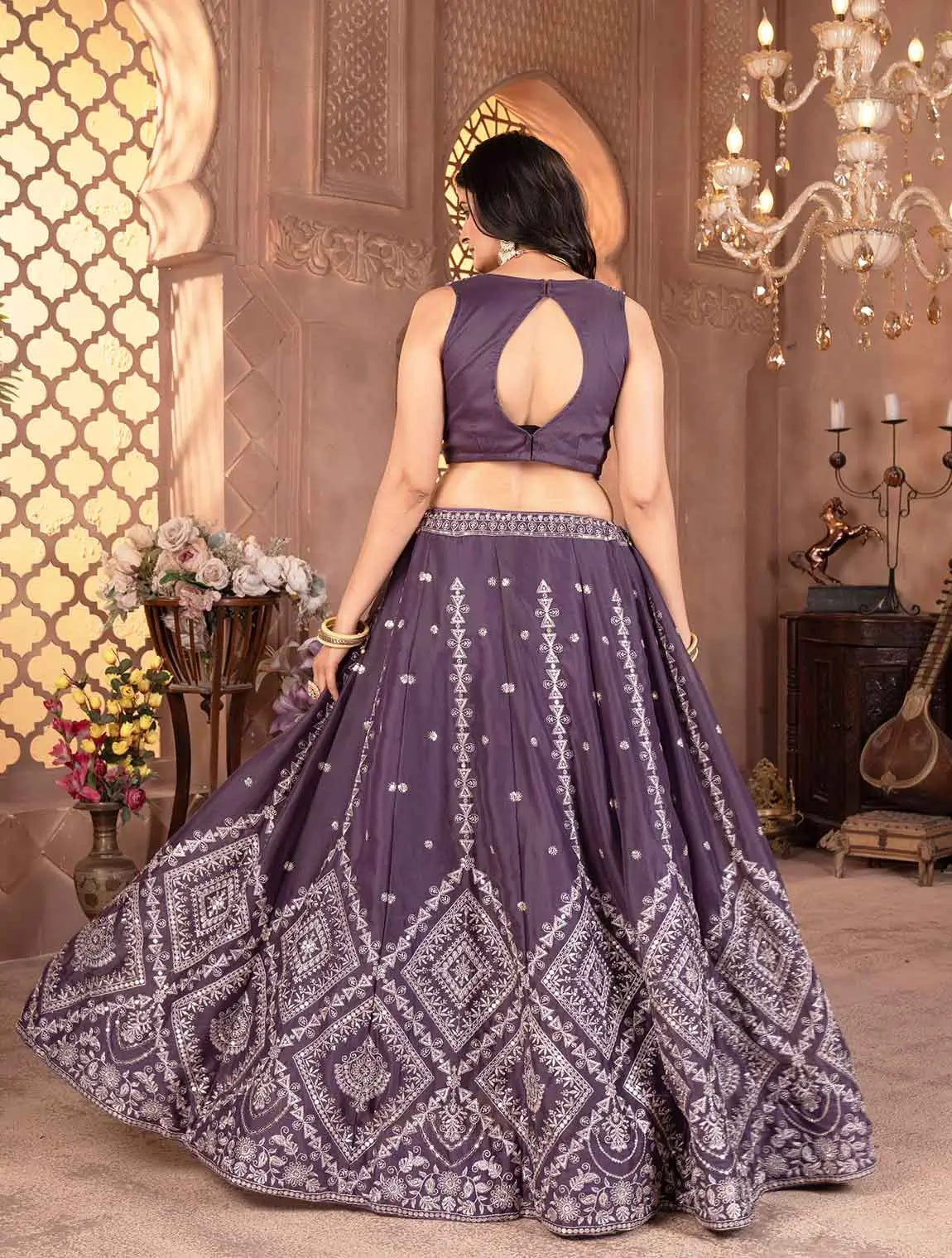 Plum Purple Georgette Sequins Embroidery Work Lehenga Choli - qivii