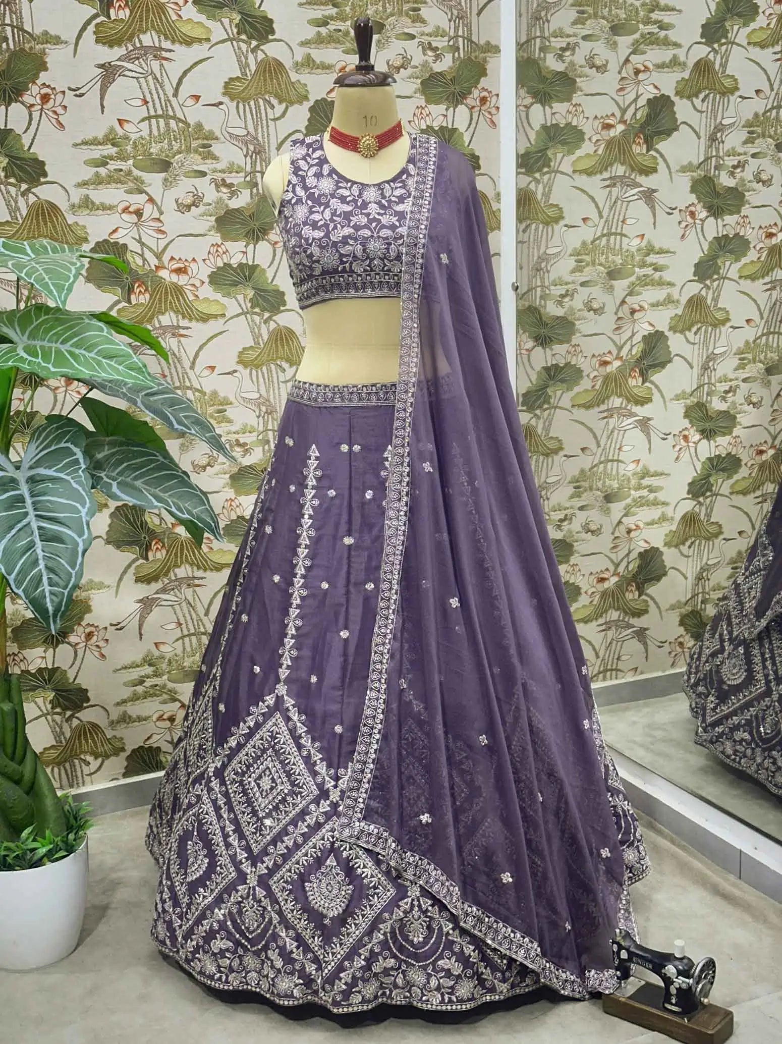 Plum Purple Georgette Sequins Embroidery Work Lehenga Choli - qivii