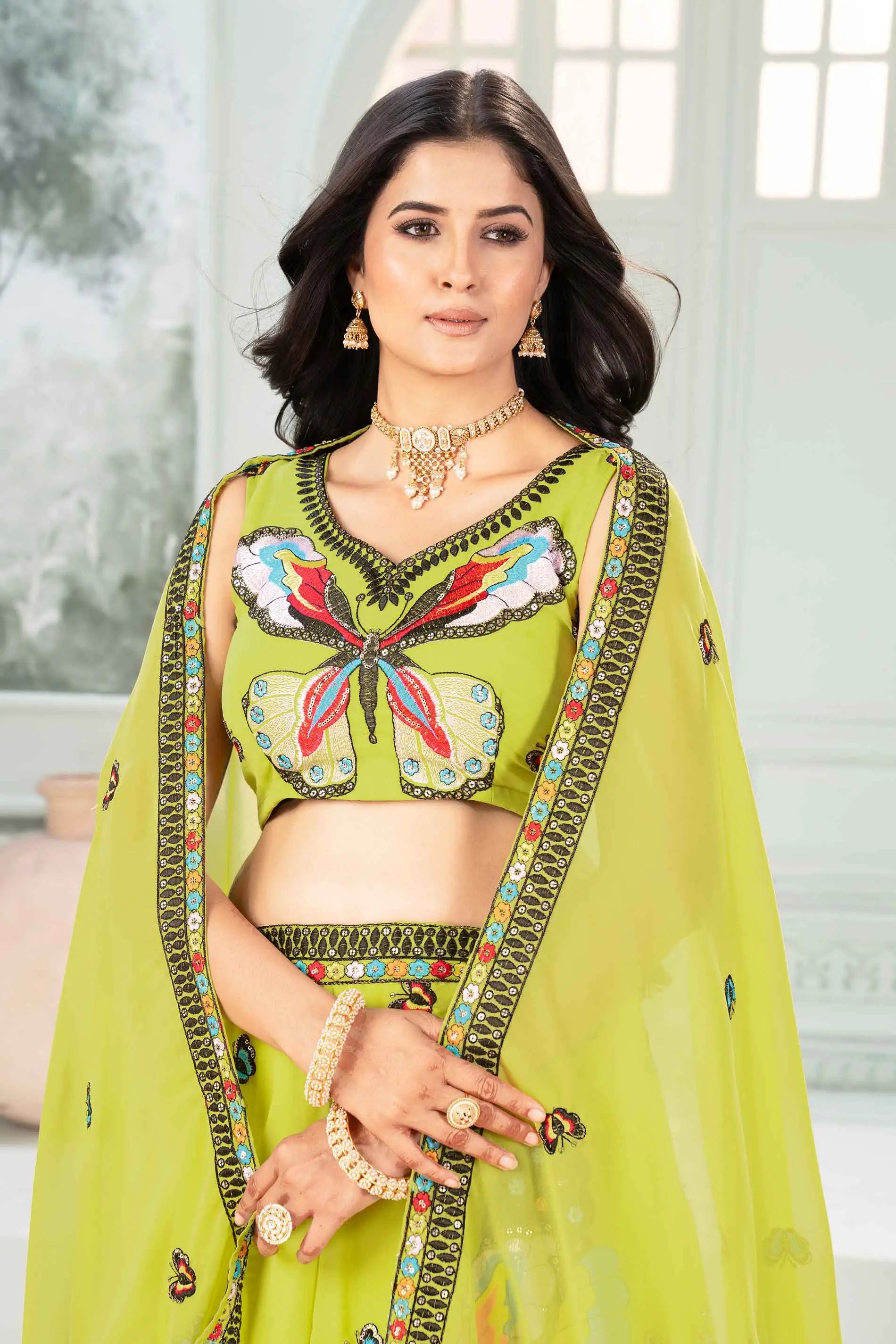 Neon Georgette Multi Thread Sequins Embroidery Work Lehenga Choli - qivii