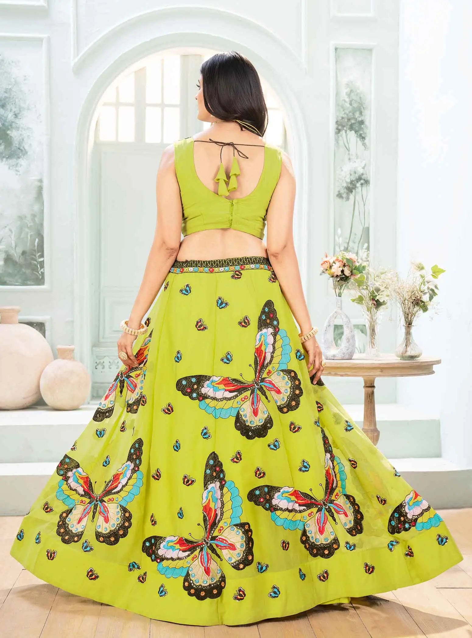 Neon Georgette Multi Thread Sequins Embroidery Work Lehenga Choli - qivii