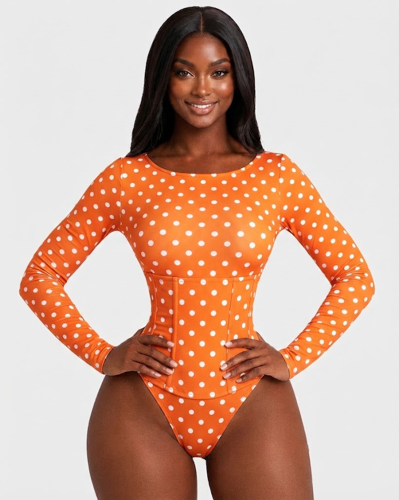Polka Dot Scoop Neck Long Sleeve Bodysuit Detachable Corset Two Piece Set