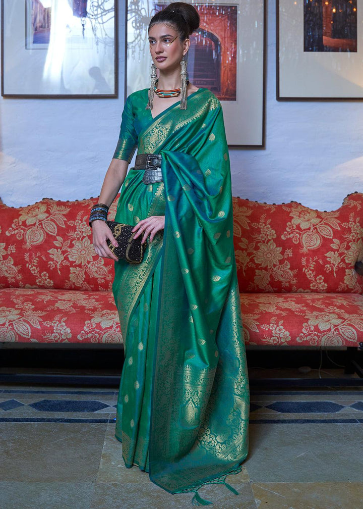 Dynasty Green Dual Tone Zari Woven Banarasi Silk Saree - qivii