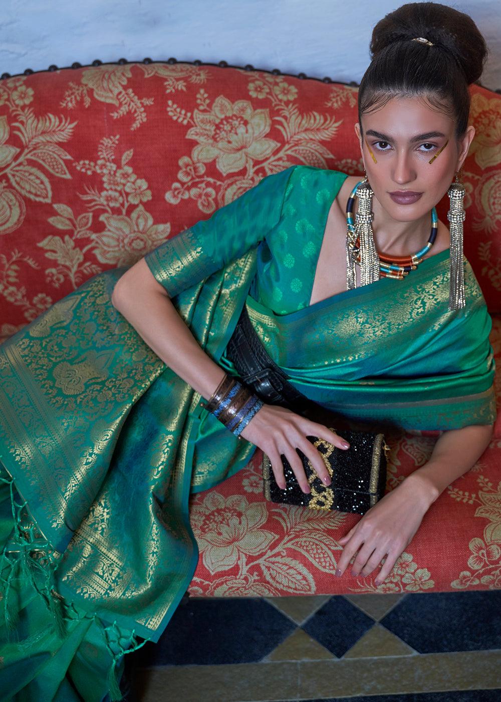 Dynasty Green Dual Tone Zari Woven Banarasi Silk Saree - qivii