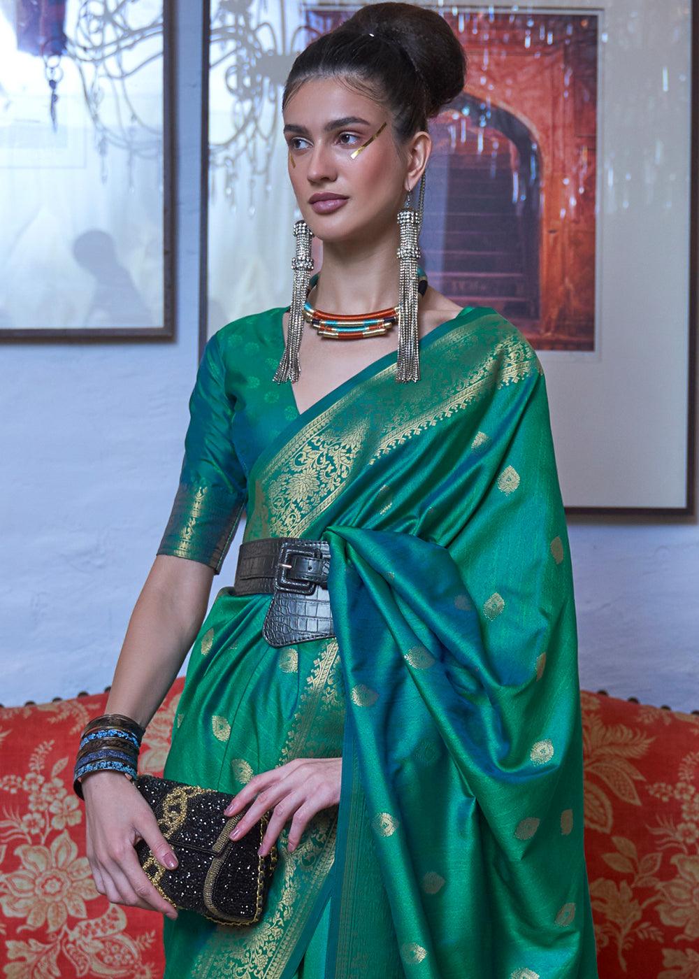 Dynasty Green Dual Tone Zari Woven Banarasi Silk Saree - qivii