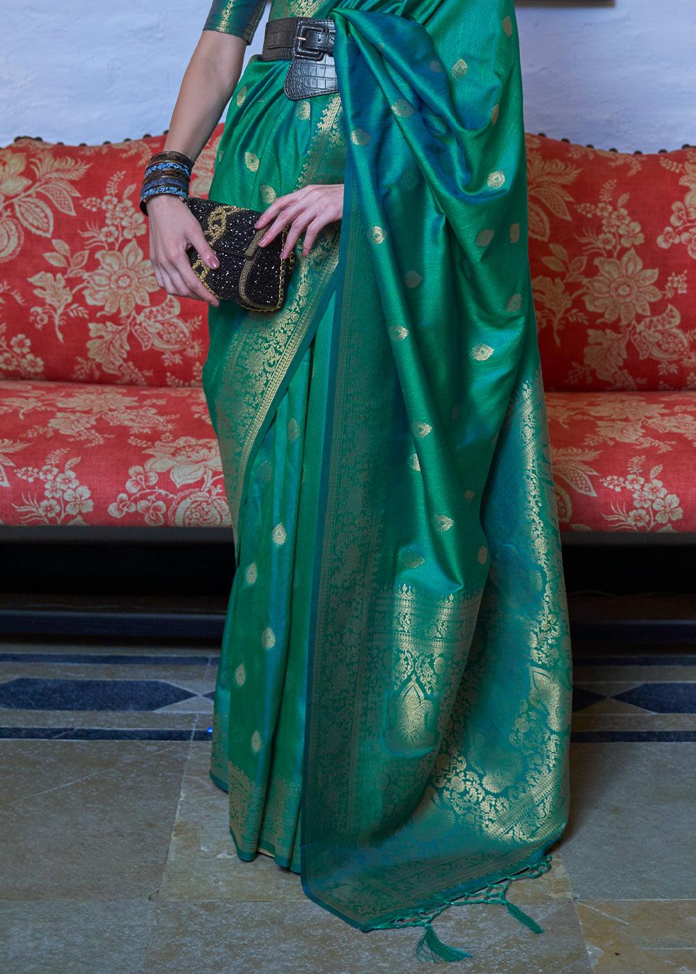 Dynasty Green Dual Tone Zari Woven Banarasi Silk Saree - qivii