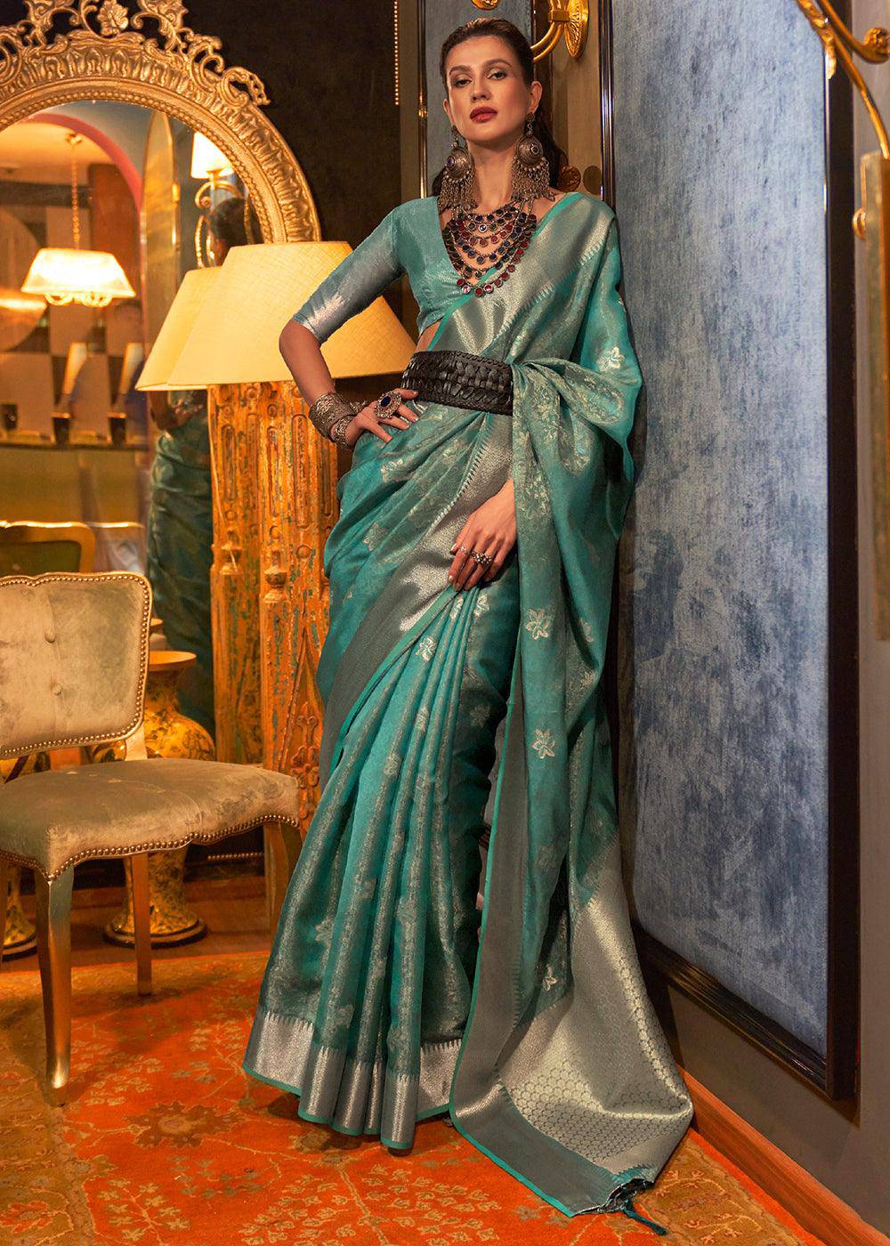 Dynasty Green Two Tone Handloom Woven Organza Silk Saree | Stitched Blouse - qivii