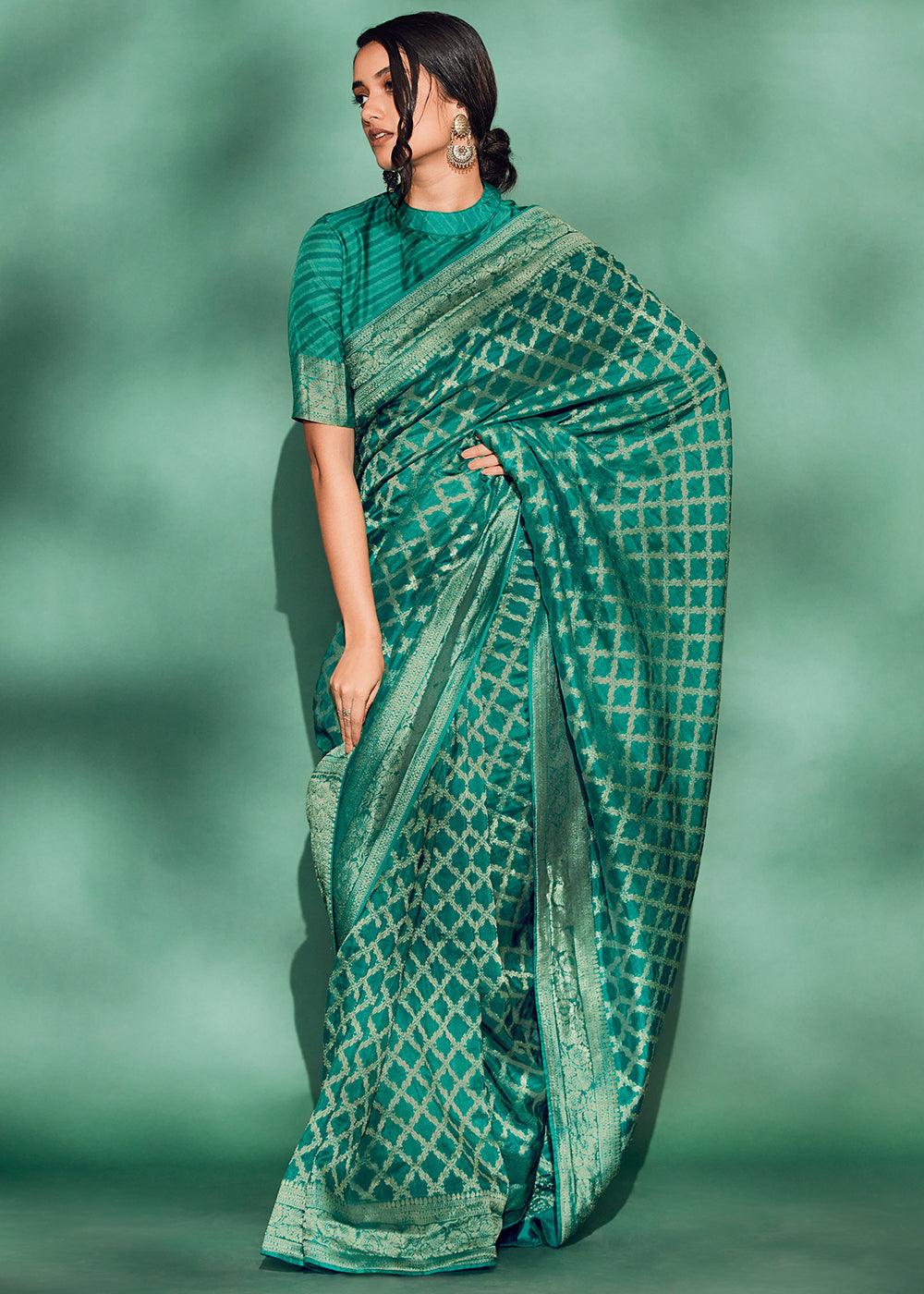 Dynasty Green Woven Viscose Silk Saree - qivii