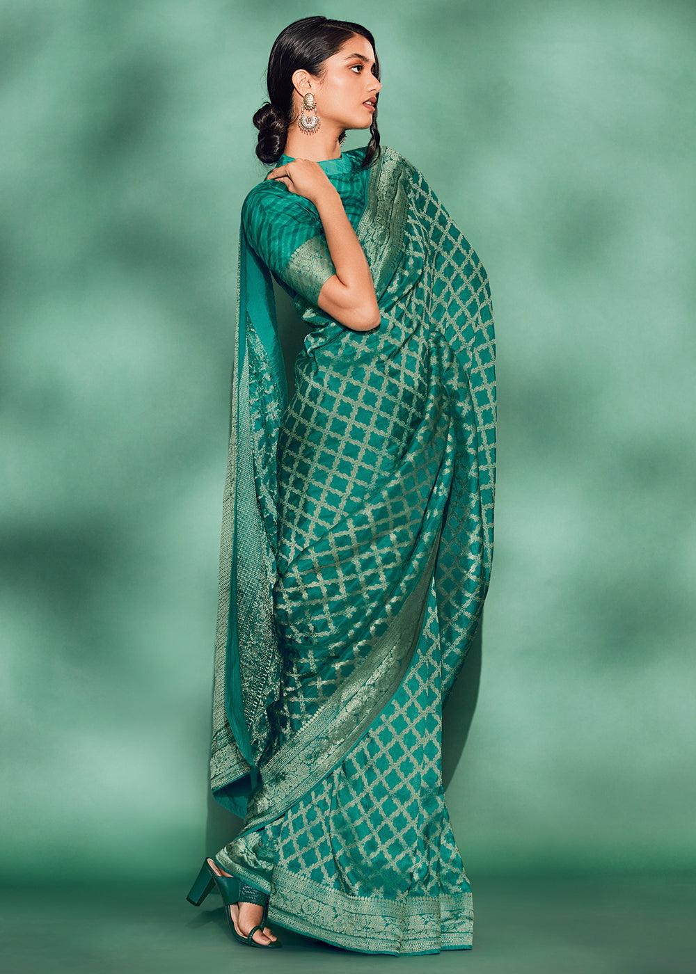 Dynasty Green Woven Viscose Silk Saree - qivii