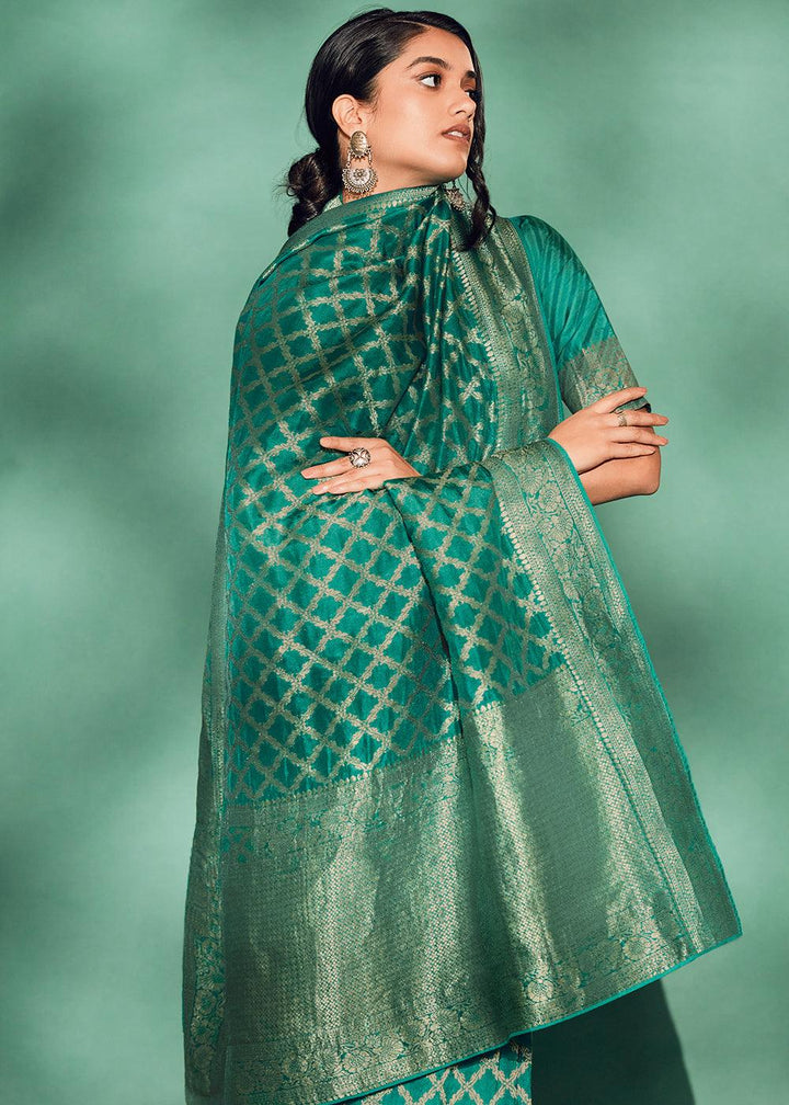 Dynasty Green Woven Viscose Silk Saree - qivii