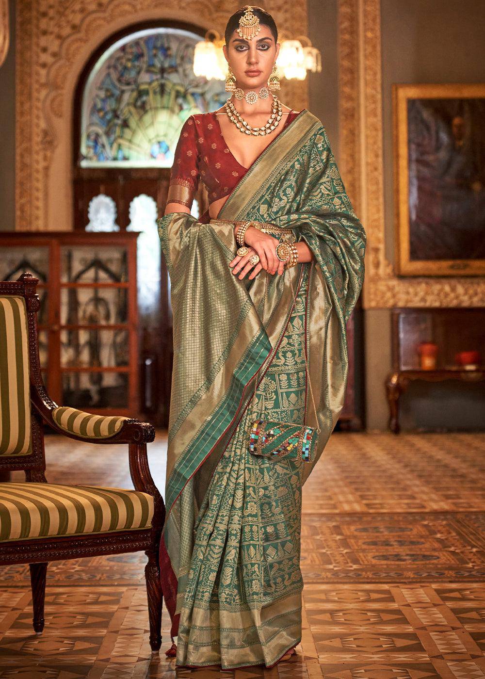 Dynasty Green Zari Woven Banarasi Silk Saree | Stitched Blouse - qivii