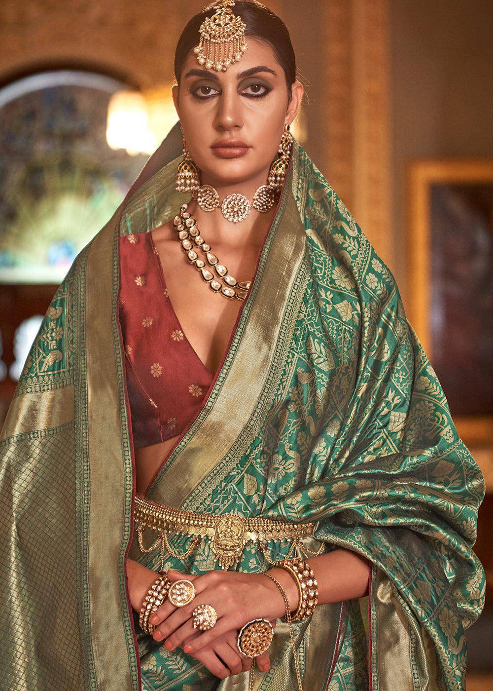 Dynasty Green Zari Woven Banarasi Silk Saree | Stitched Blouse - qivii