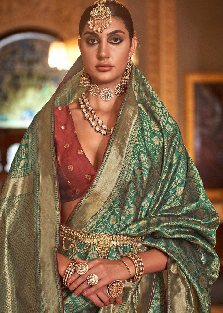 Dynasty Green Zari Woven Banarasi Silk Saree | Stitched Blouse - qivii