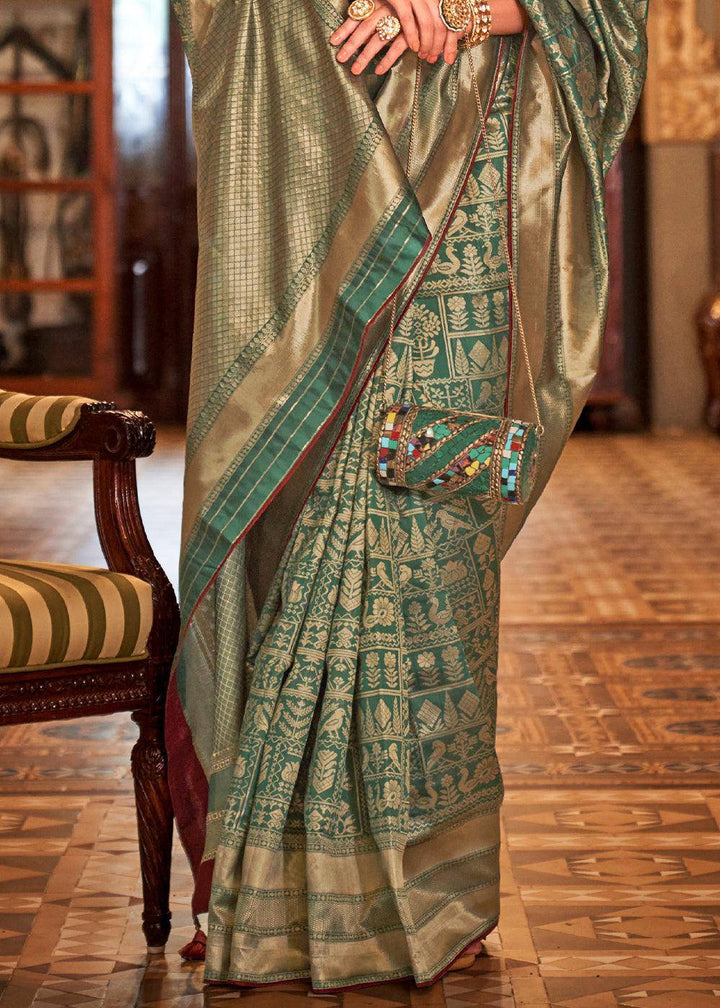 Dynasty Green Zari Woven Banarasi Silk Saree | Stitched Blouse - qivii