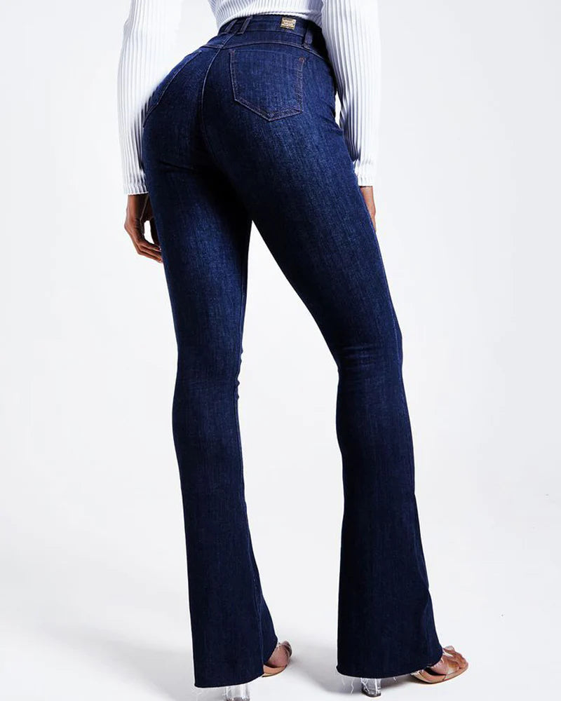Dark Blue Butt Lifting Skinny Flare Shaping Jeans High Waist Stretch Pants Women Jeans  - By Qivii
