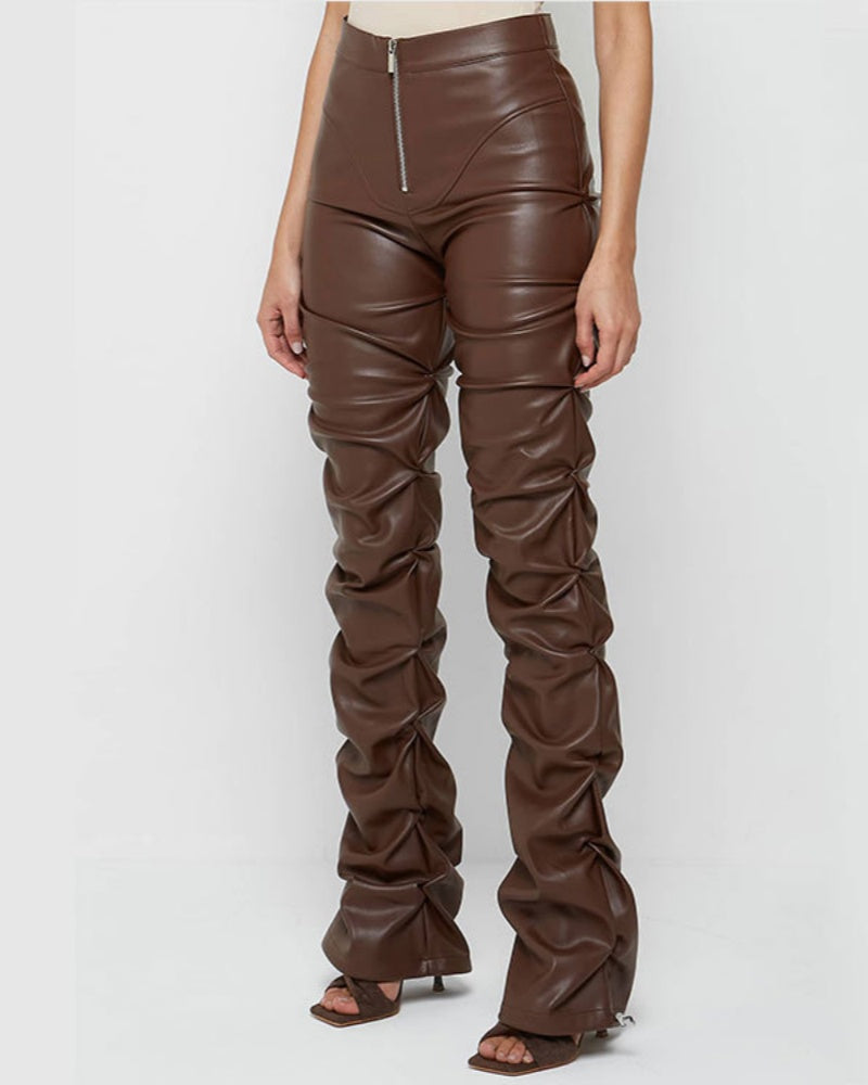 PU Leather Personalized Pleated Flared Pants  - By Qivii