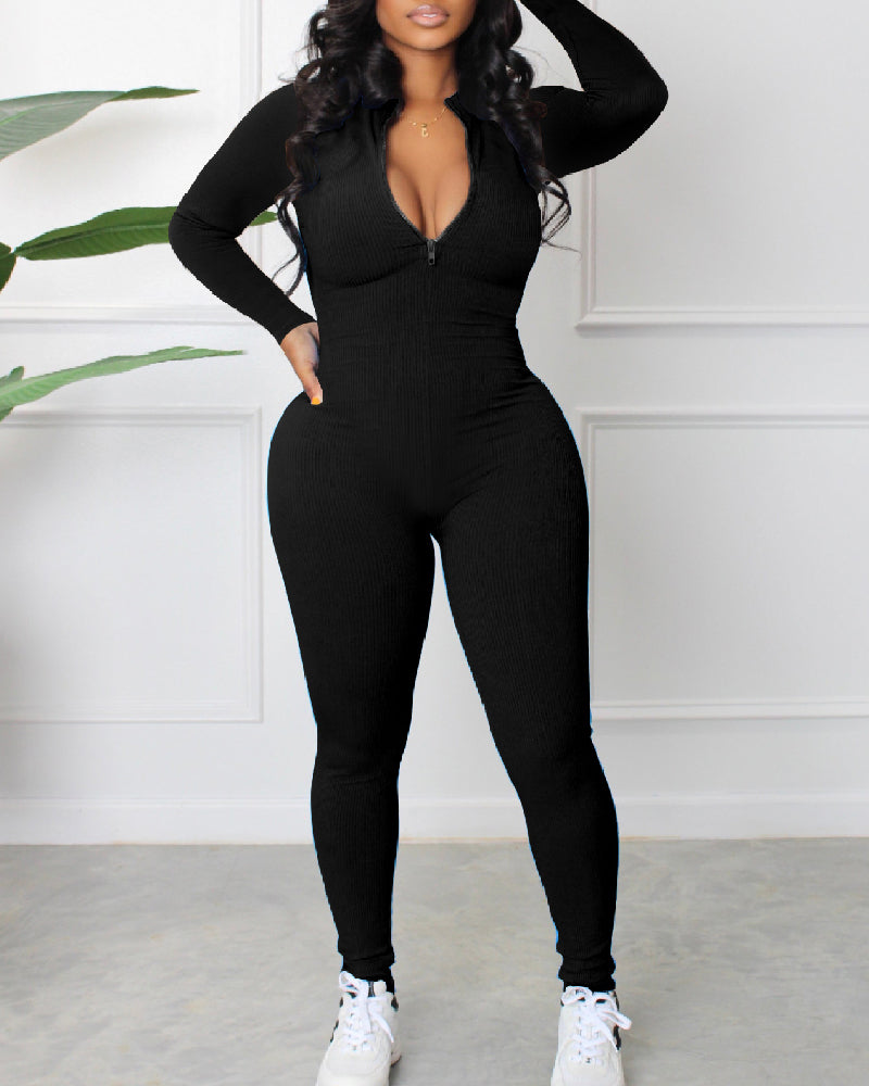Women's Sexy Ribbed Long Sleeve Zipper Jumpsuits Casual Solid Bodycon Rompers  - By Qivii