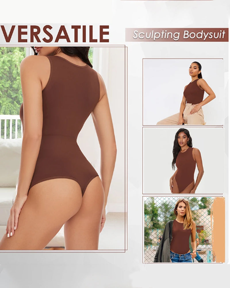 Seamless Racerback Top Tummy Control Crew Neck Bodysuit  - By Qivii