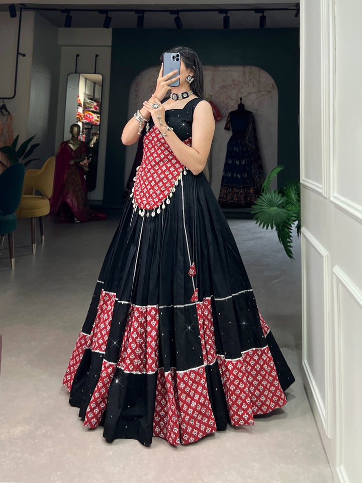 Black Colour  Pure Cotton And Paper Mirror Hand Work With Gotta Patti Navratri  Special Lehenga Choli Set