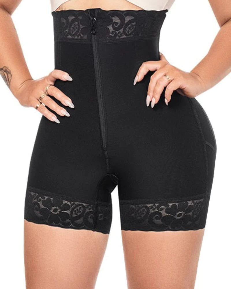 Shapshe® High Waist Butt Lift Shaper Zipper Short With Lace Trim  - By Qivii