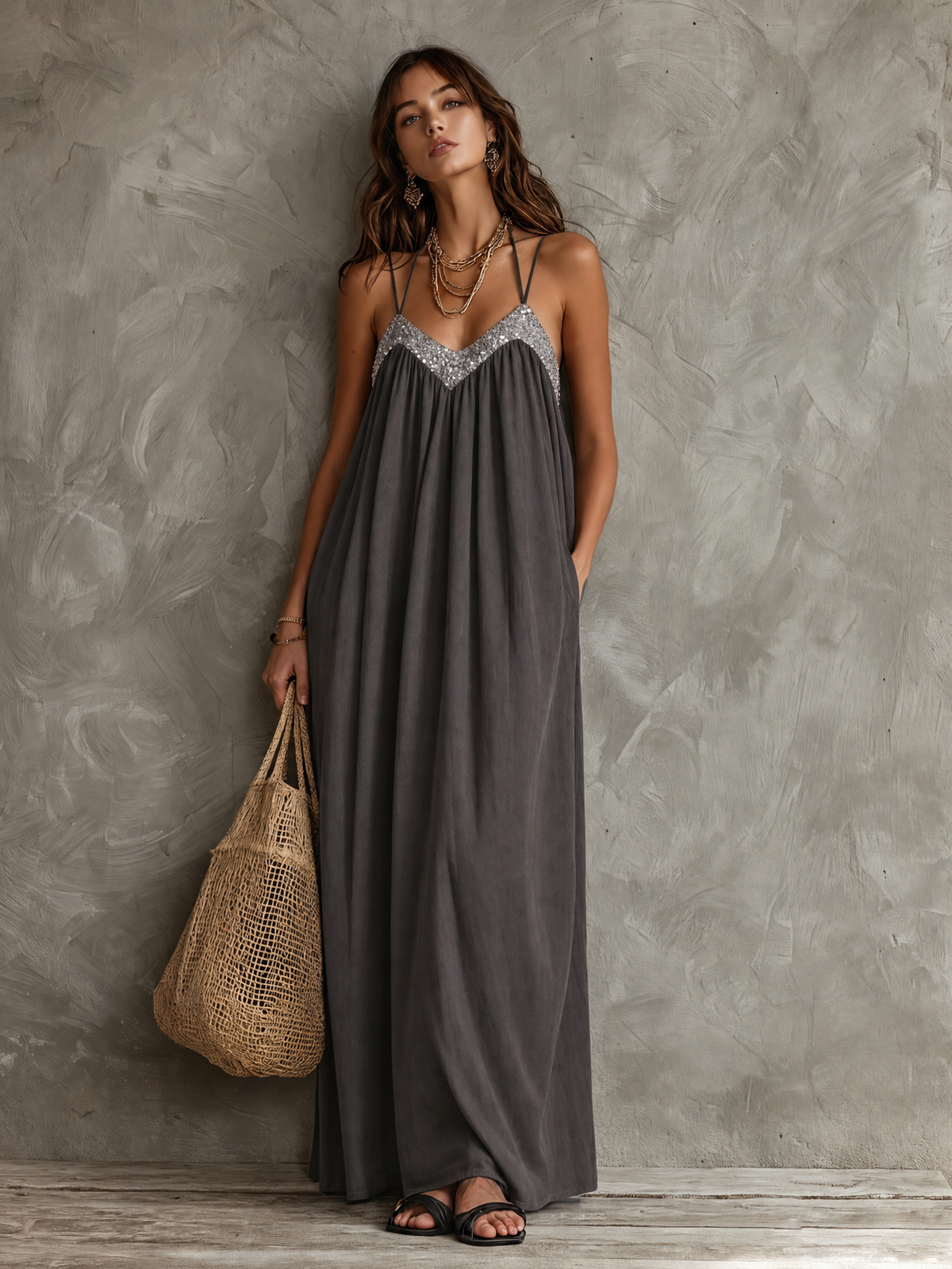 Women's Casual Dark Grey Woven V-neck Maxi Dress Featuring Sequined Camisole-style Splicing MDZ2635F6LXY