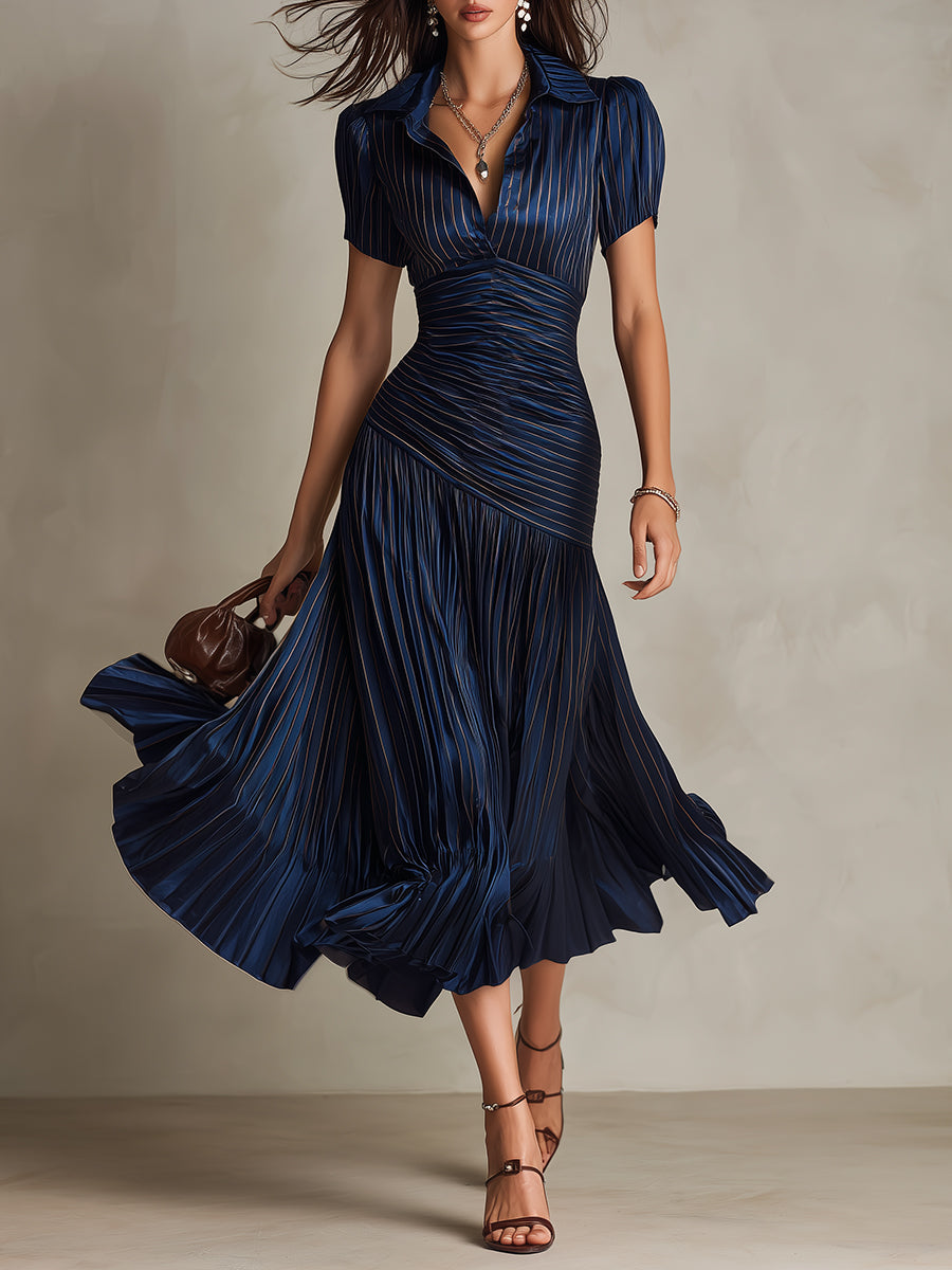 Adriana | Retro Striped Satin Midi Dress by Qivii