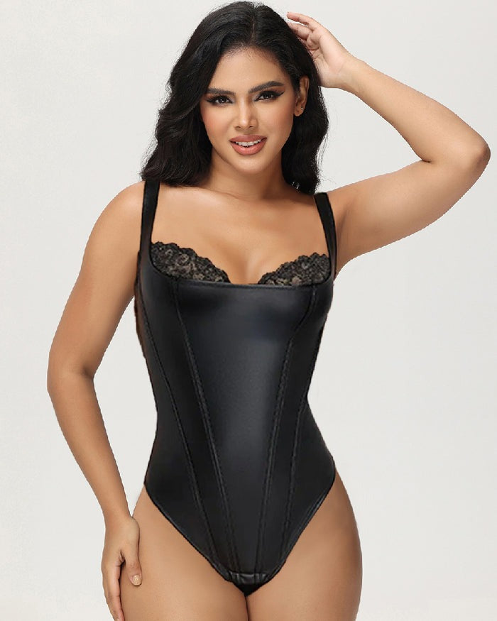 Shapshe® Shapewear Leather Lace Balconette Thong Sculpting Bodysuit  - By Qivii