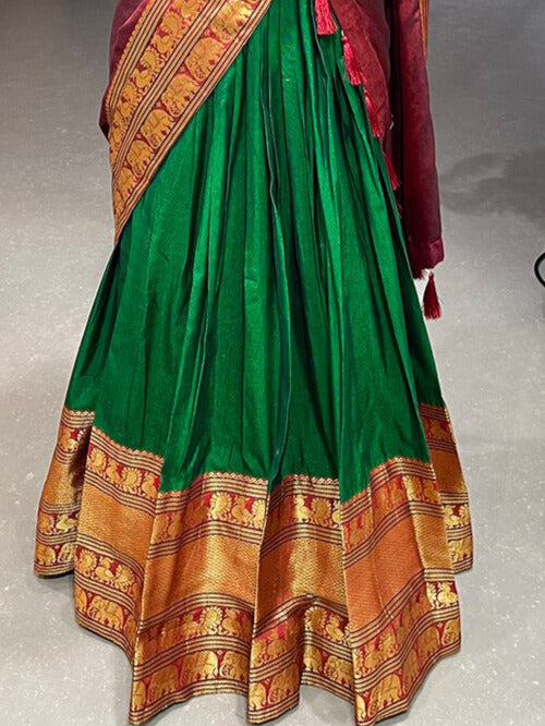 Narayan Pet Cotton Zari Weaving Work Lehenga Choli In Green Color