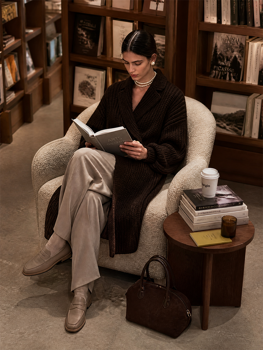 Women's Peak-Lapel Two-Button Drop-Shoulder Balloon-Sleeve Wool-Knit Long Coat MDZ0170I0CMX