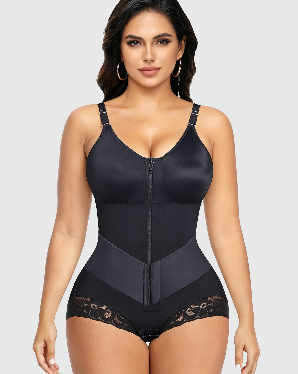 Lace Trim Adjustable Strap Tummy Control Butt Lifting Zipper Bodysuit