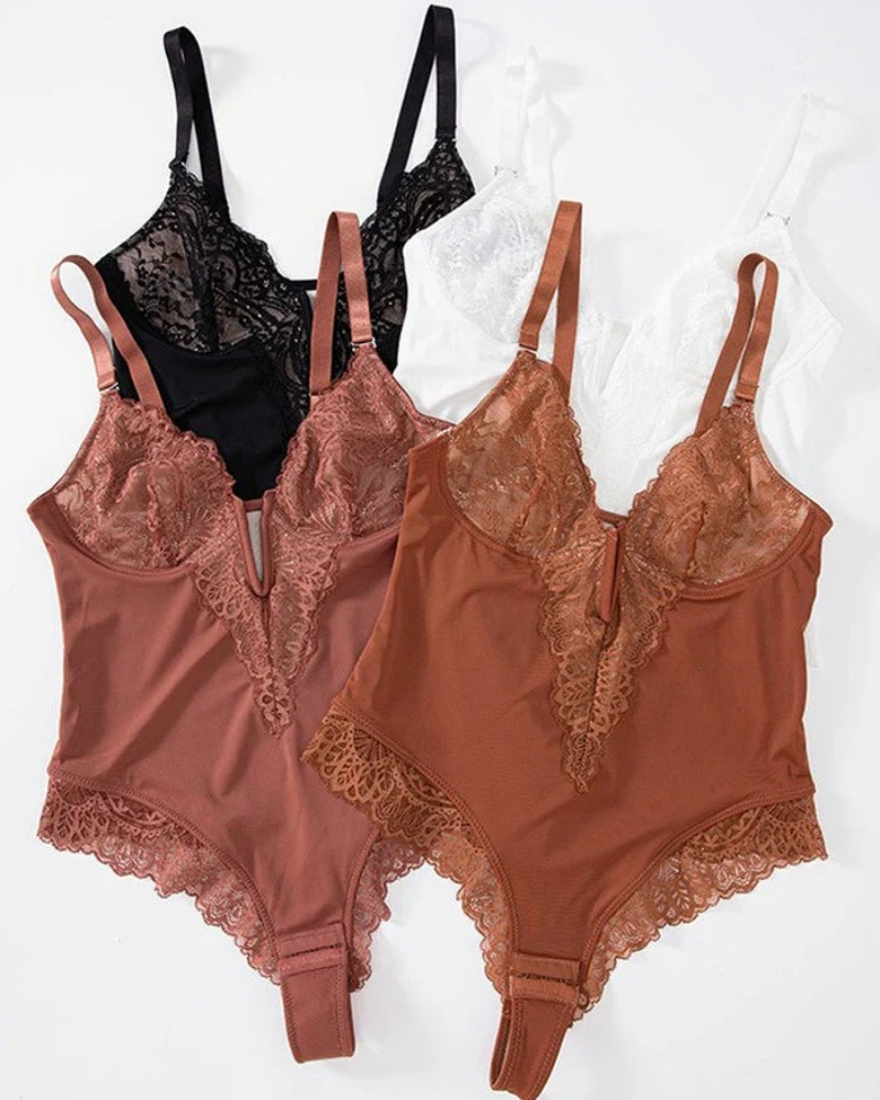 Sexy Lace Deep-V Neck Bodysuits  - By Qivii