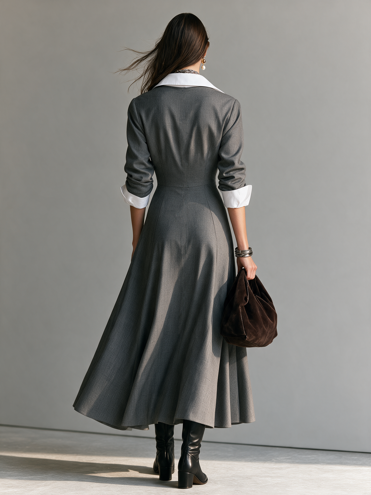 Women's Casual Long-Sleeved Maxi Dress In Grey Suiting Fabric And A White Shirt Two-Piece Set MDZ3141H0LXY