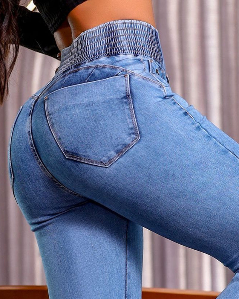 Shapshe® High Rise Skinny Flared Jeans With Elastic Waistband  - By Qivii
