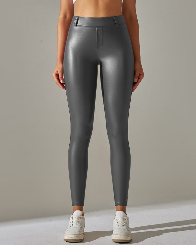 PU leather Pants High Waist Tight Sports Yoga Pants Slim  - By Qivii