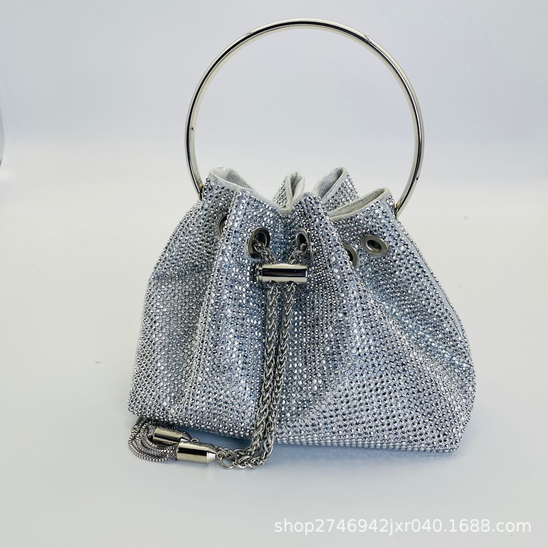 Women's Celestial Cache Bucket - Crystal-Encrusted Drawstring Minaudière with Detachable Constellation Chain