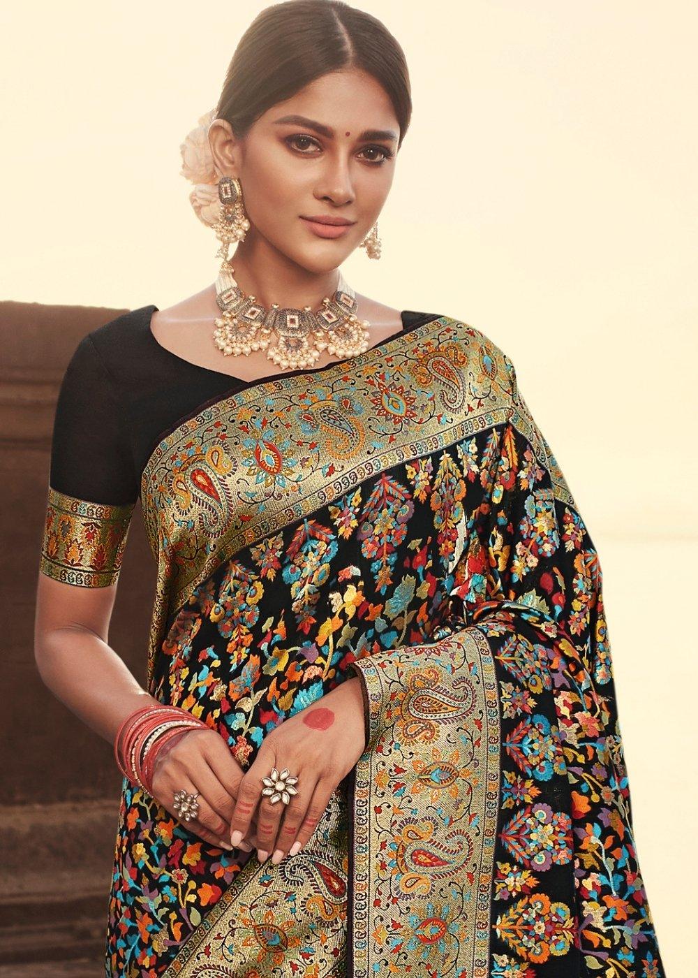 Ebony Black Banarasi Kora Silk Saree with Pashmina Weaving & Zari Border Pallu | Stitched Blouse - qivii