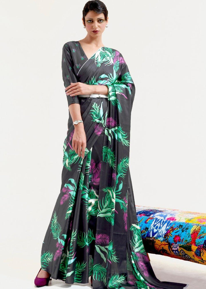 Ebony Black Digital Printed Satin Crepe Saree | Stitched Blouse - qivii