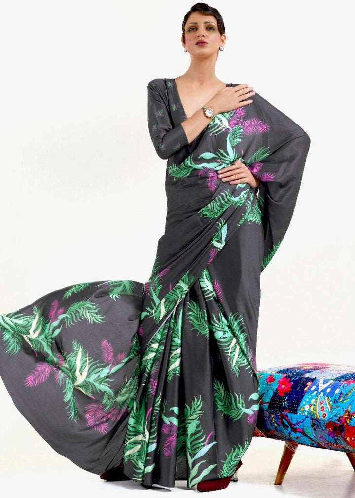 Ebony Black Digital Printed Satin Crepe Saree | Stitched Blouse - qivii